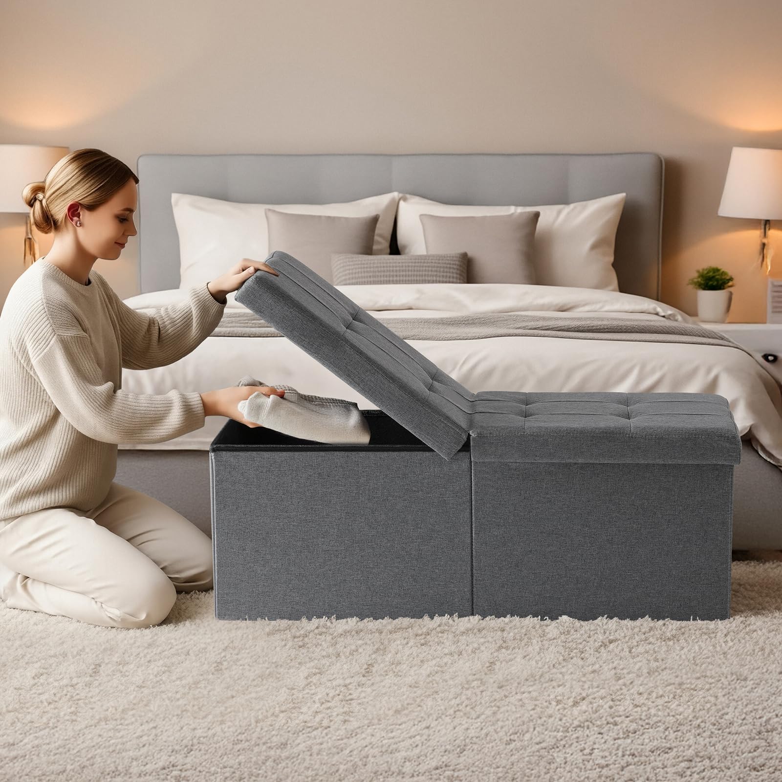 Snuvid multipurpose ottoman serves as footrest and compact surface.