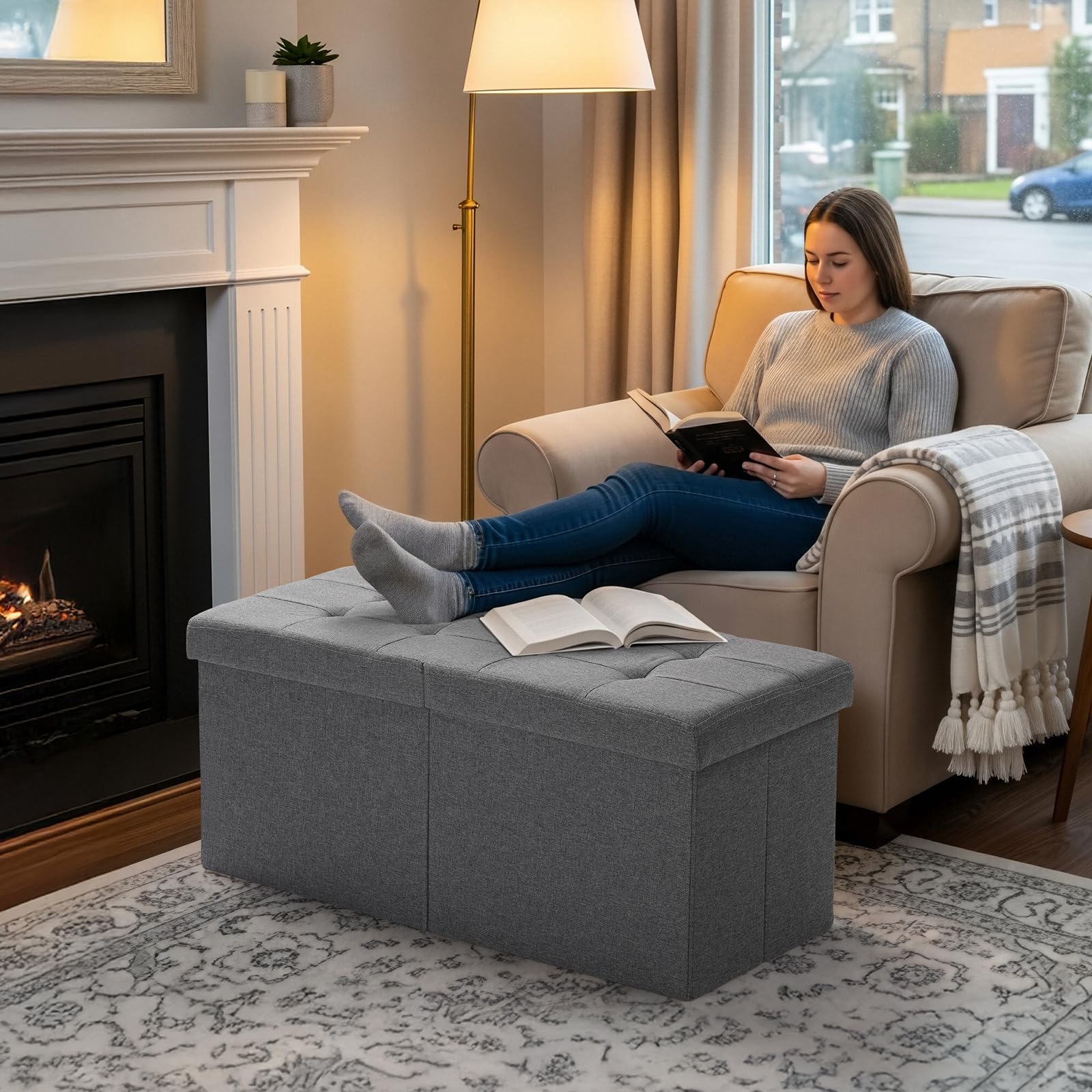 Snuvid multipurpose design serves as footrest or compact desk.
