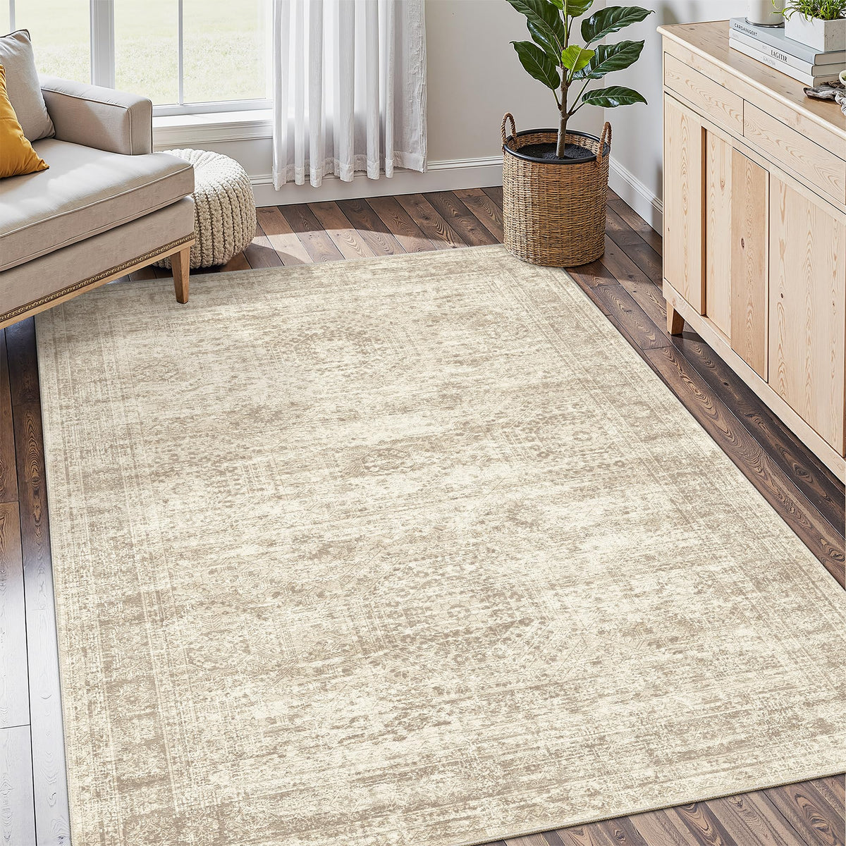 Soalmost 4x6 beige living room rug with non-slip backing for safety.