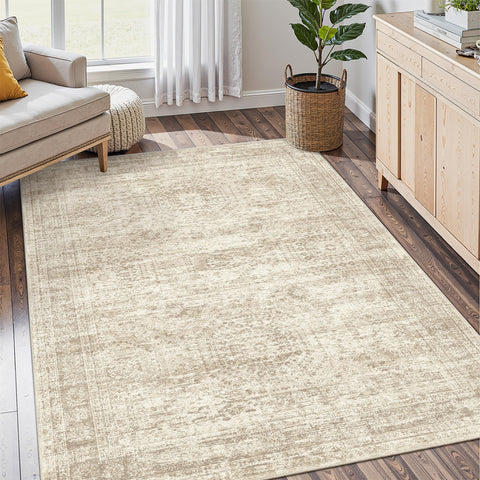 Soalmost 4x6 beige living room rug with non-slip backing for safety.