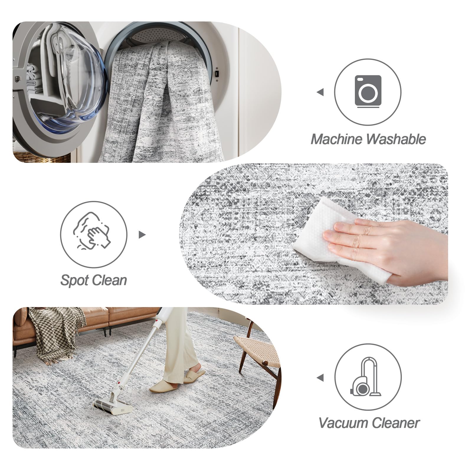 Soalmost 6x6 grey round rug adds calm ambiance to a bedroom