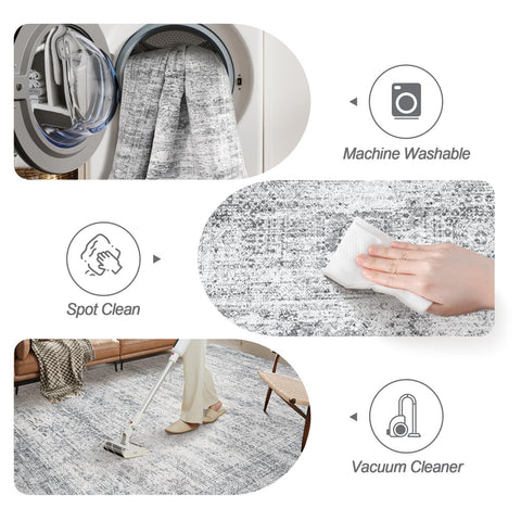 Soalmost 6x6 grey round rug adds calm ambiance to a bedroom