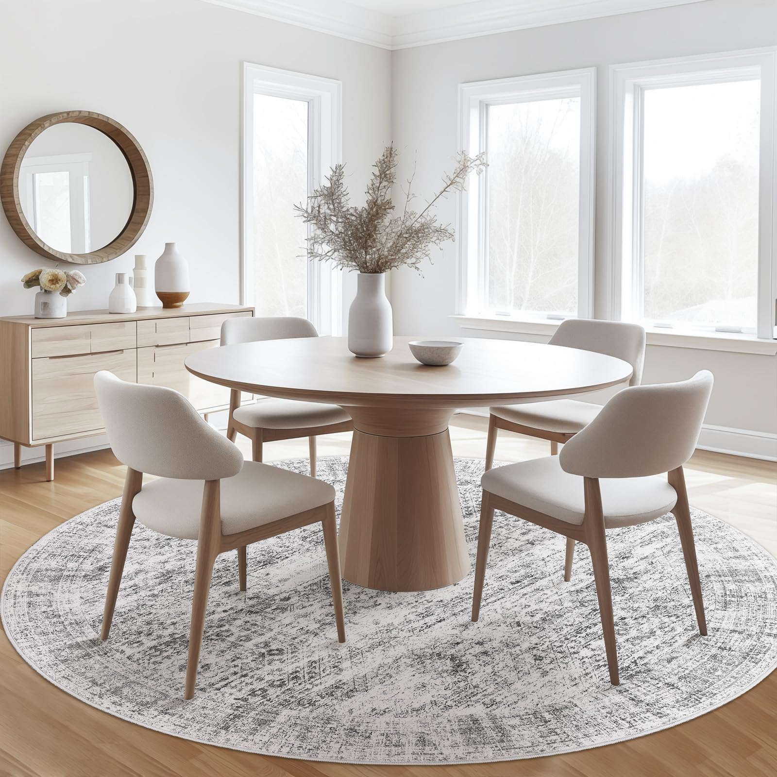 Soalmost 6x6 grey round rug under dining table for defined space