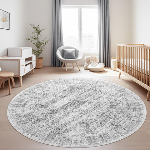 Soalmost 6x6 grey round rug in living room scene for cozy style