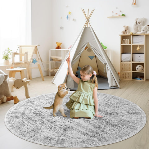 Soalmost 6x6 grey round rug with non-slip backing on wood floor