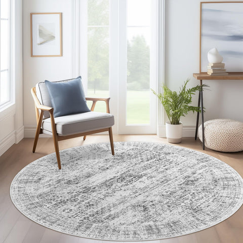 Soalmost 6x6 grey round rug suitable for nurseries with soft tones