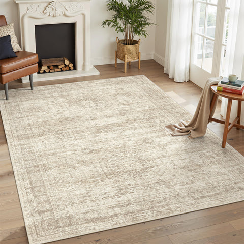 Soalmost 7x9 rug fits both living room and dining areas seamlessly