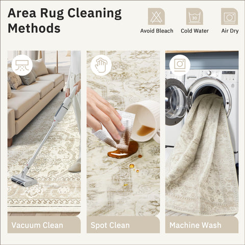 Soalmost 8x10 rug with quick clean setup suits busy households.