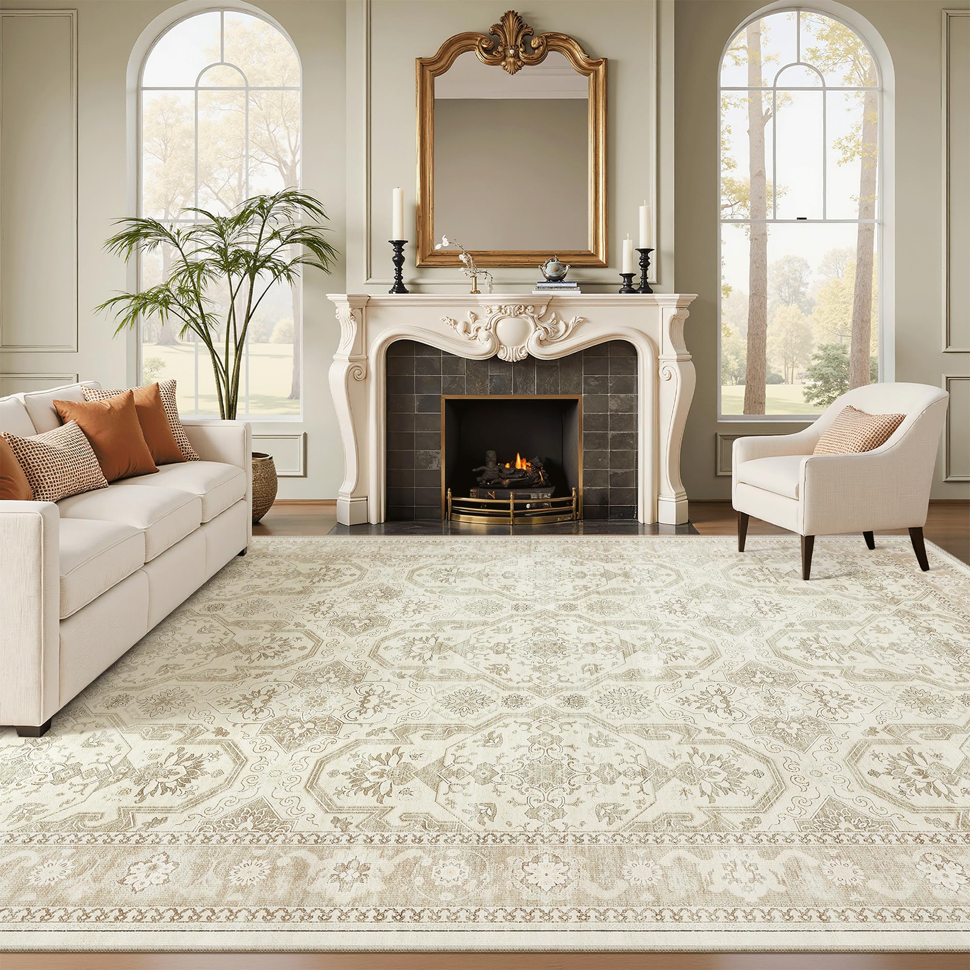 Soalmost 8x10 rug features non-slip backing to help keep floors stable.