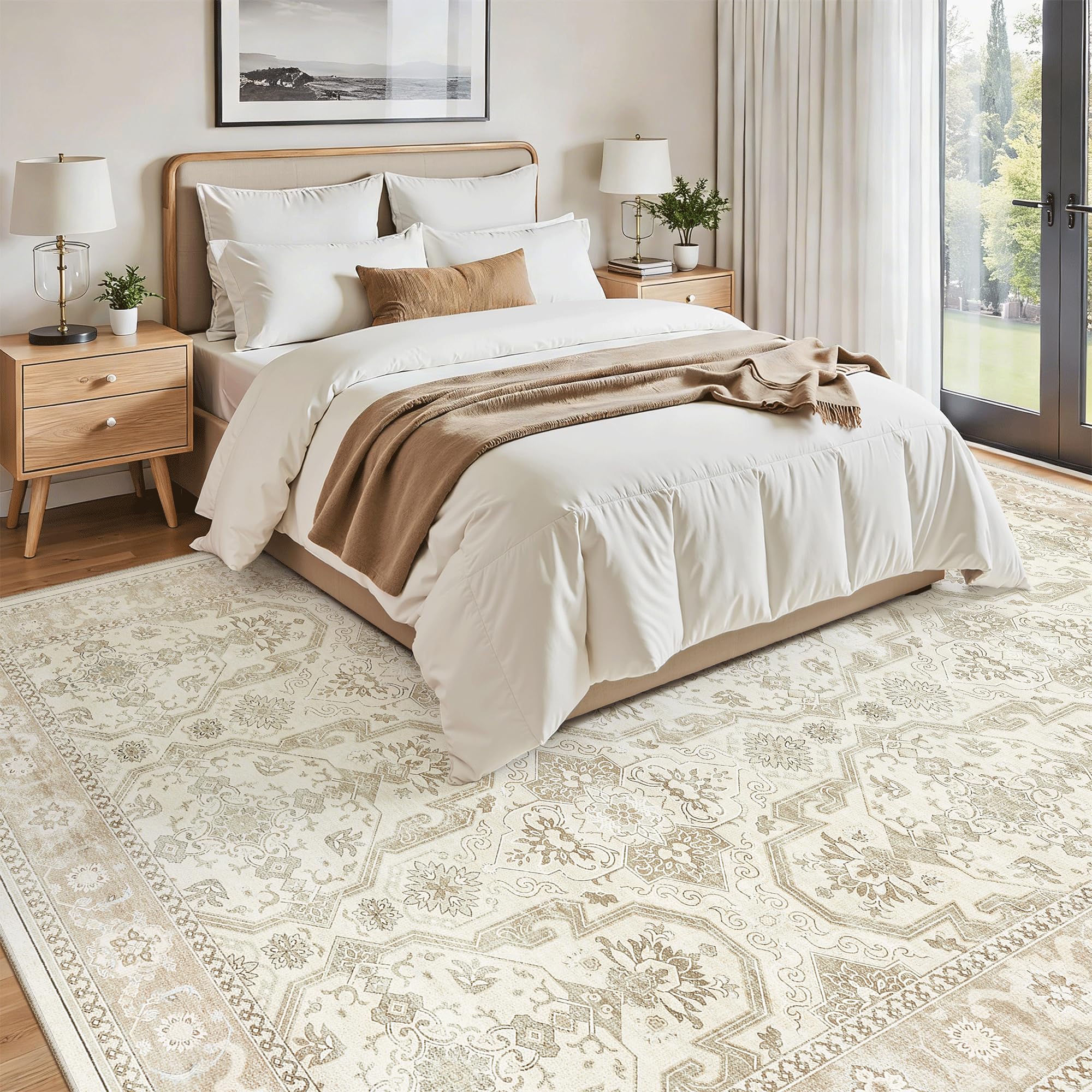 Soalmost 8x10 rug shows stain resistant texture for busy homes.