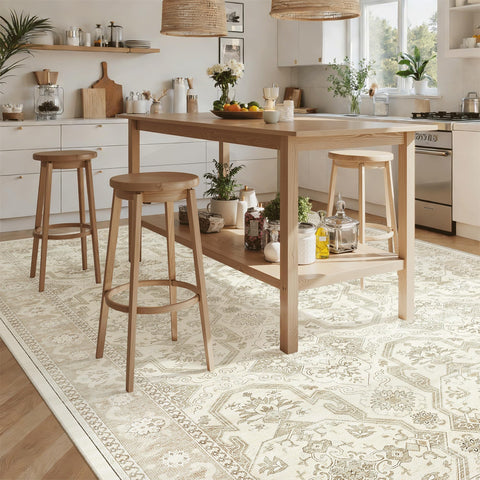 Soalmost 8x10 rug adds timeless vintage design to beige interiors.