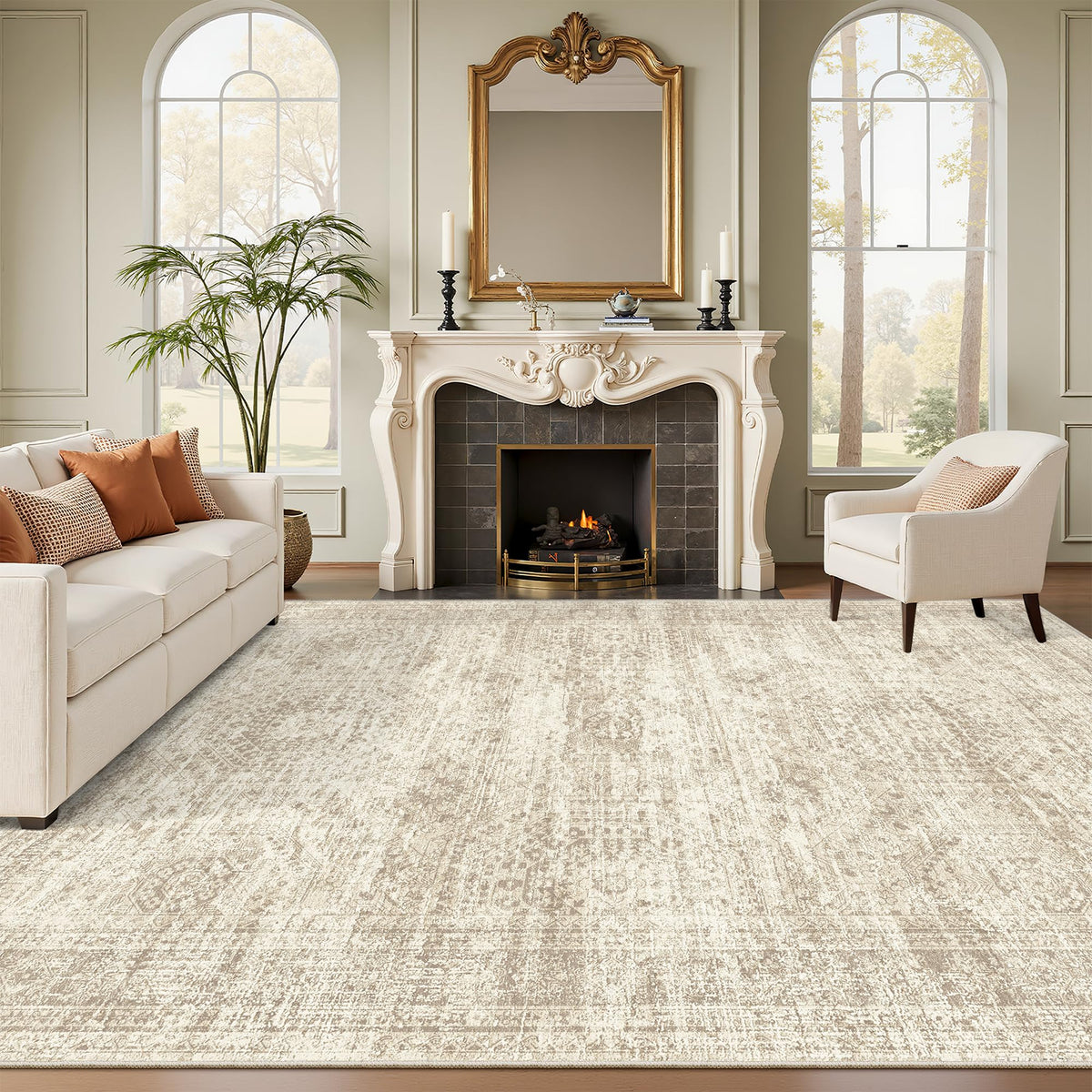 Soalmost 9x12 beige vintage hex rug for living rooms with defined seating areas.