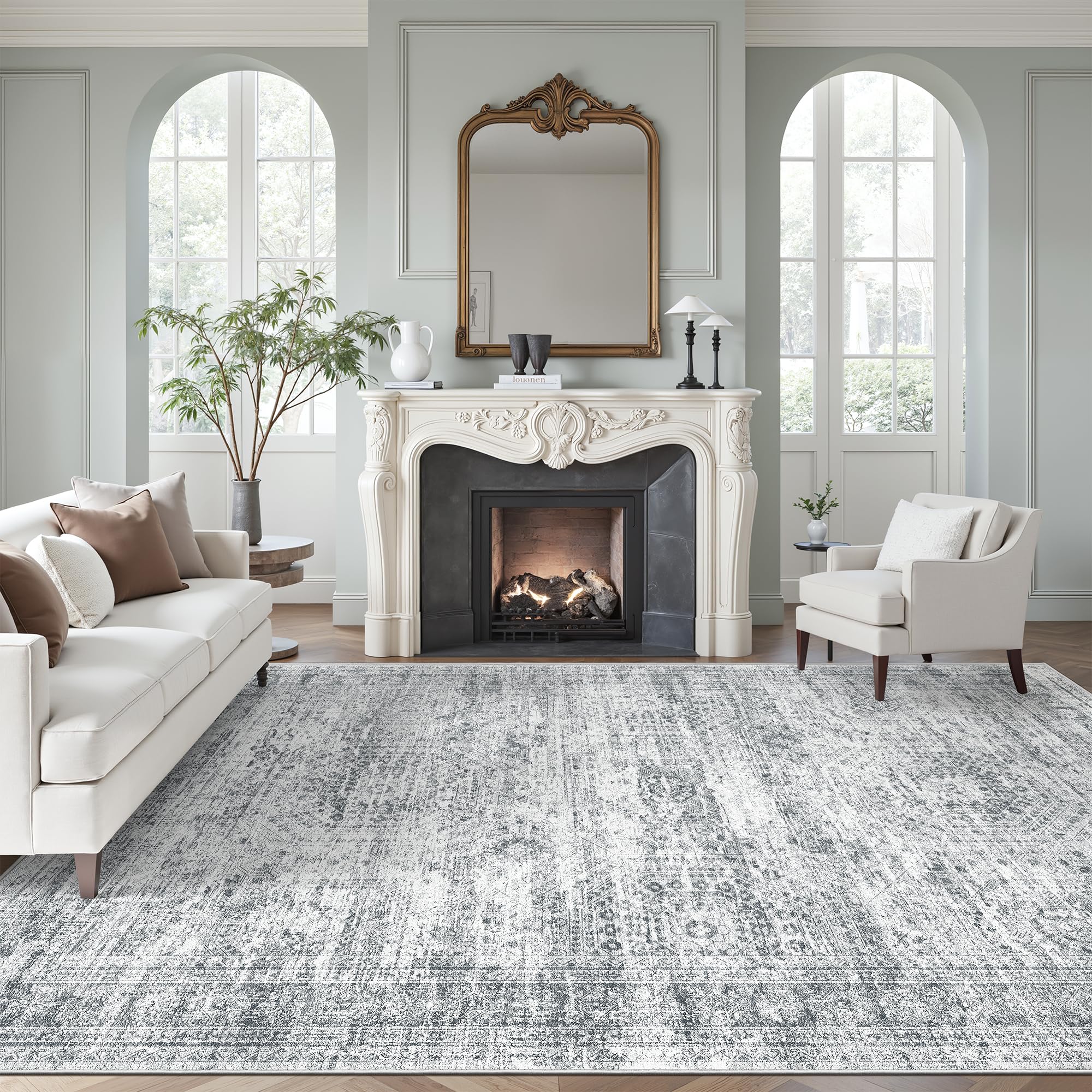 Soalmost 9x12 area rug with non-slip backing for stable living spaces.