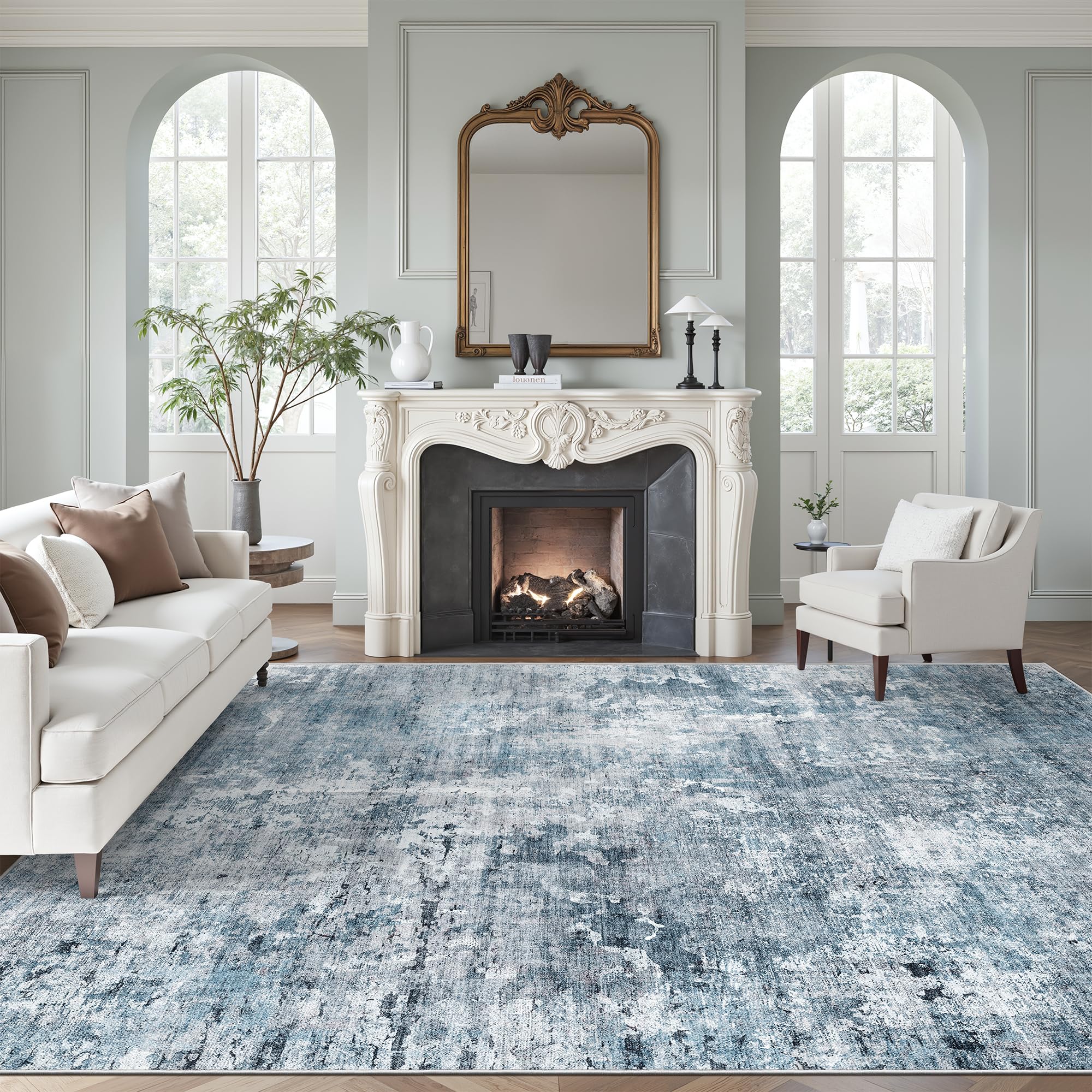 Soalmost Abstract Rug 8x10 with neutral design enhances modern living rooms.