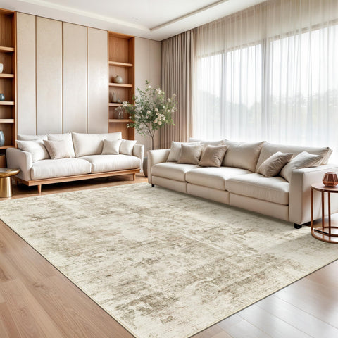 Soalmost Abstract Rug with non-slip backing in beige-gray tones for safer high-traffic areas.
