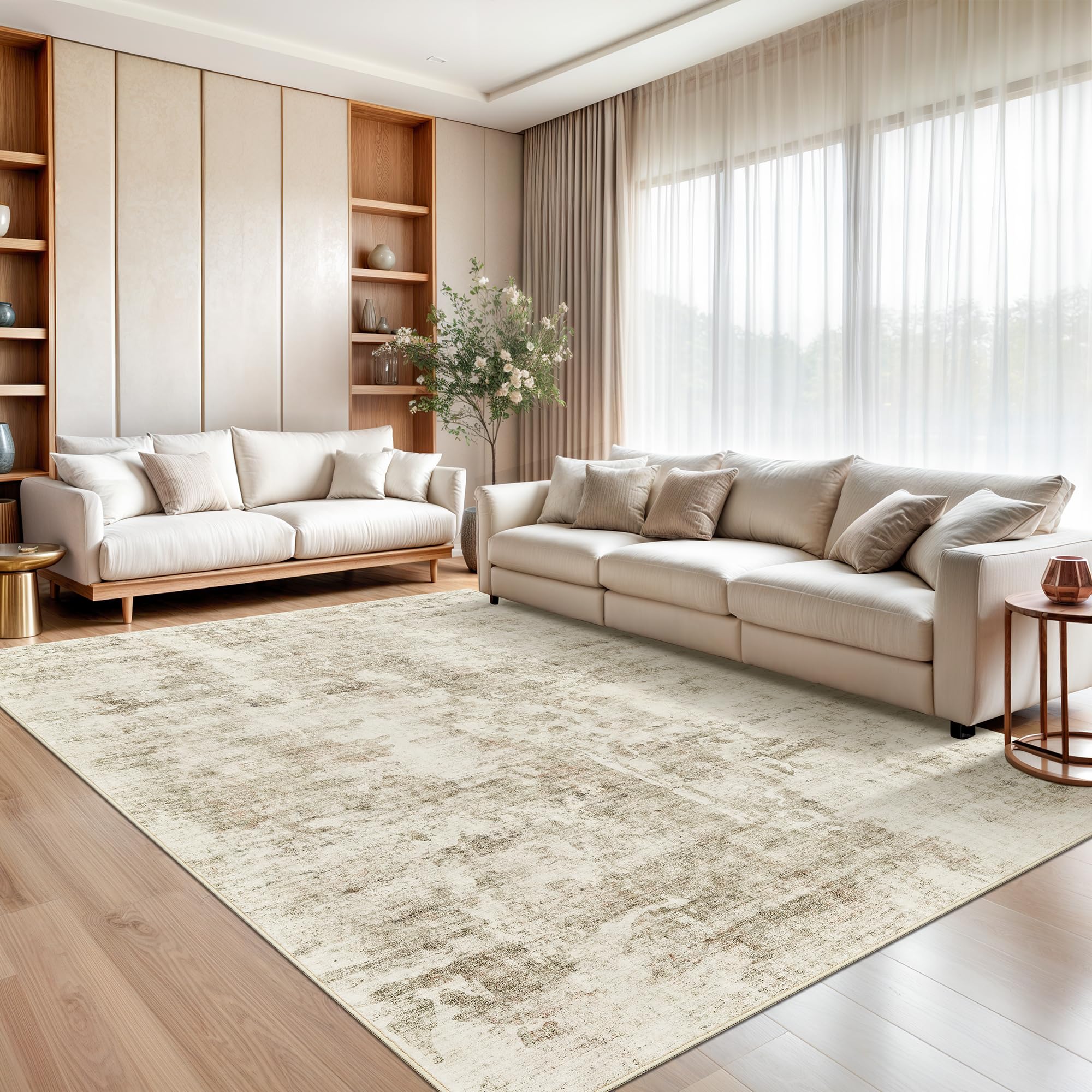 Soalmost area rug with non-slip backing secures position on floors.