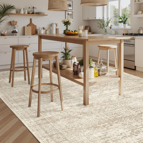 Soalmost dining room rug provides practical foundation for meals.