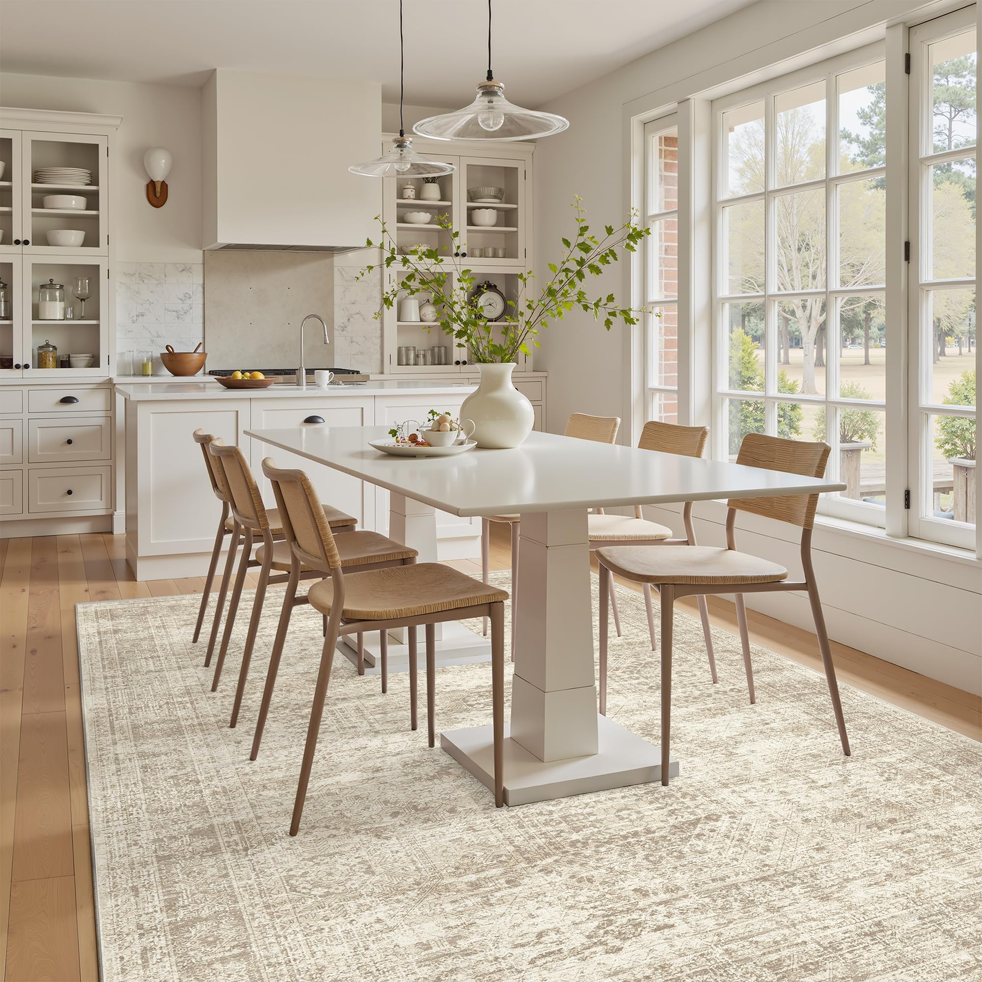 Soalmost faded-style rug blends with modern and vintage decor.
