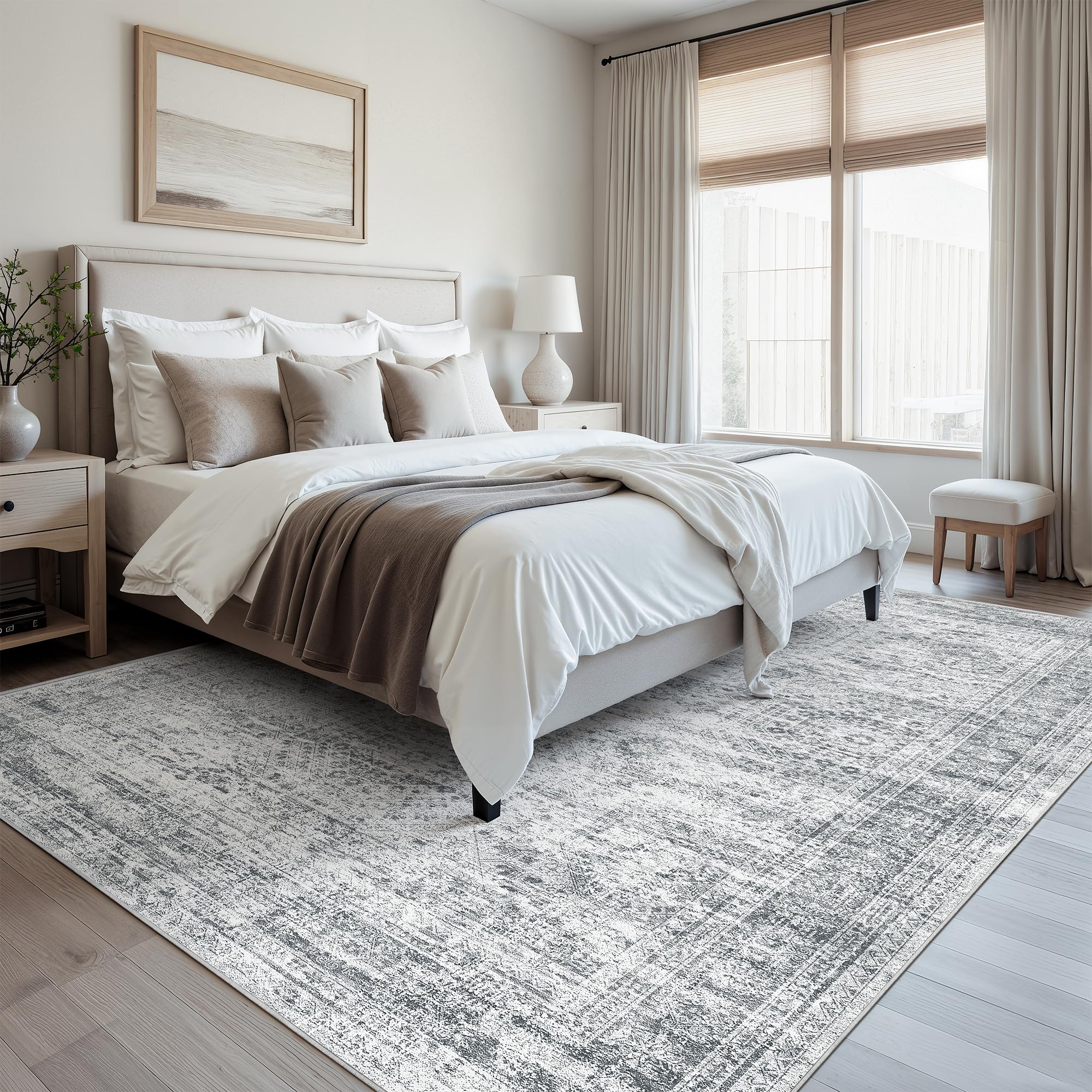 Soalmost grey living-room rug blends neutral tones with modern style.