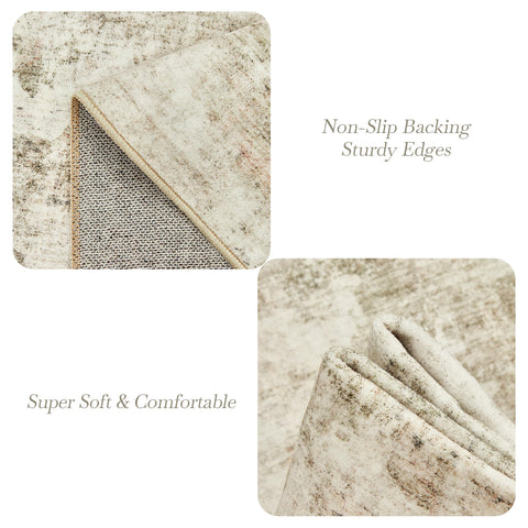 Soalmost beige-gray rug suits high-traffic living and dining spaces.