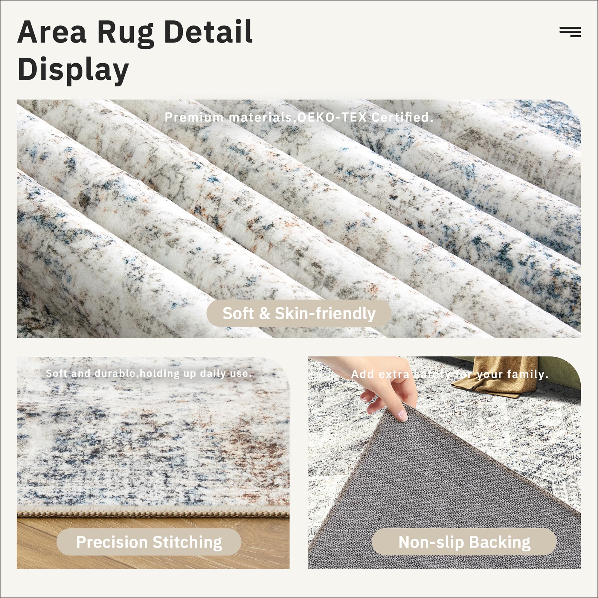Soalmost machine-washable rug simplifies cleaning for busy households.