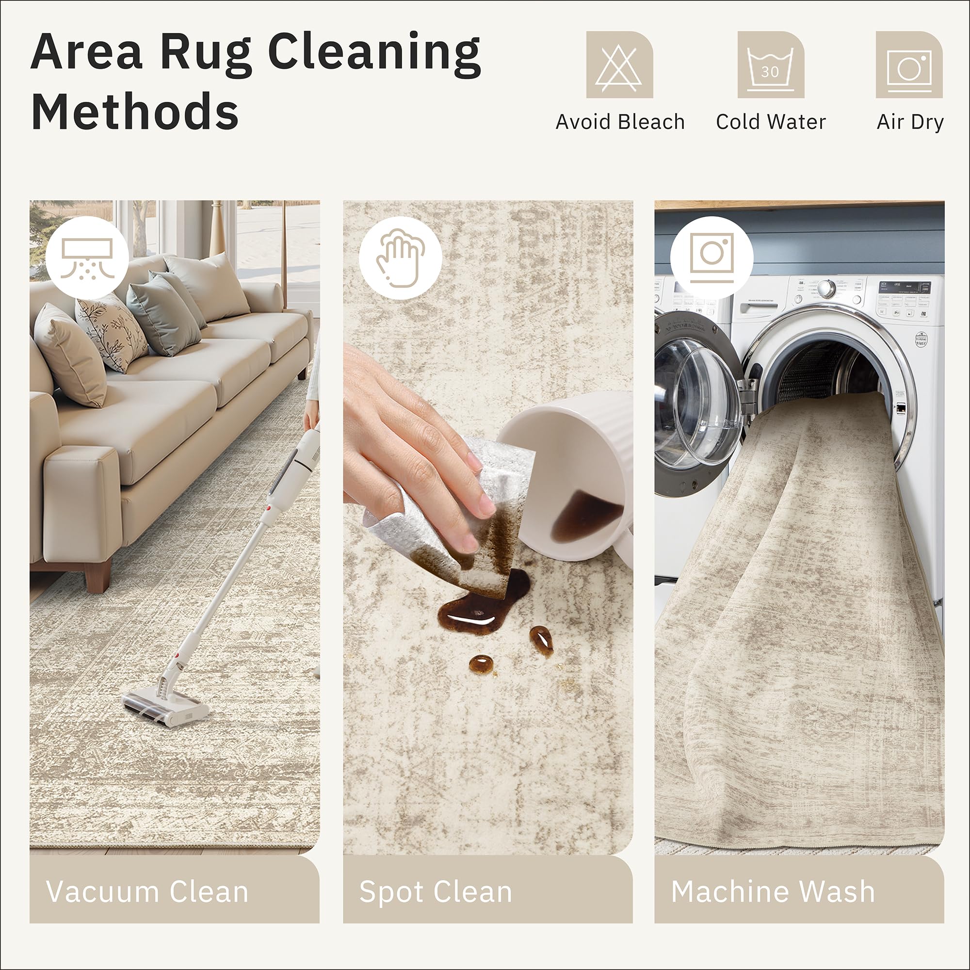 Soalmost machine washable rug for convenient family cleanups.