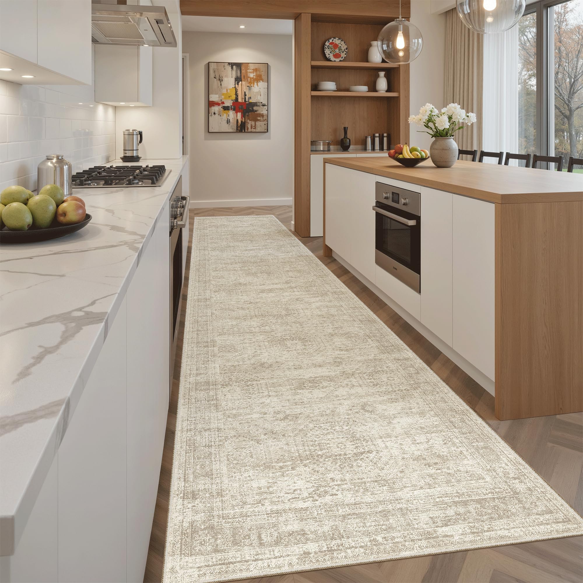 Soalmost Runner Rug beige hex pattern enhances hallway style and comfort.