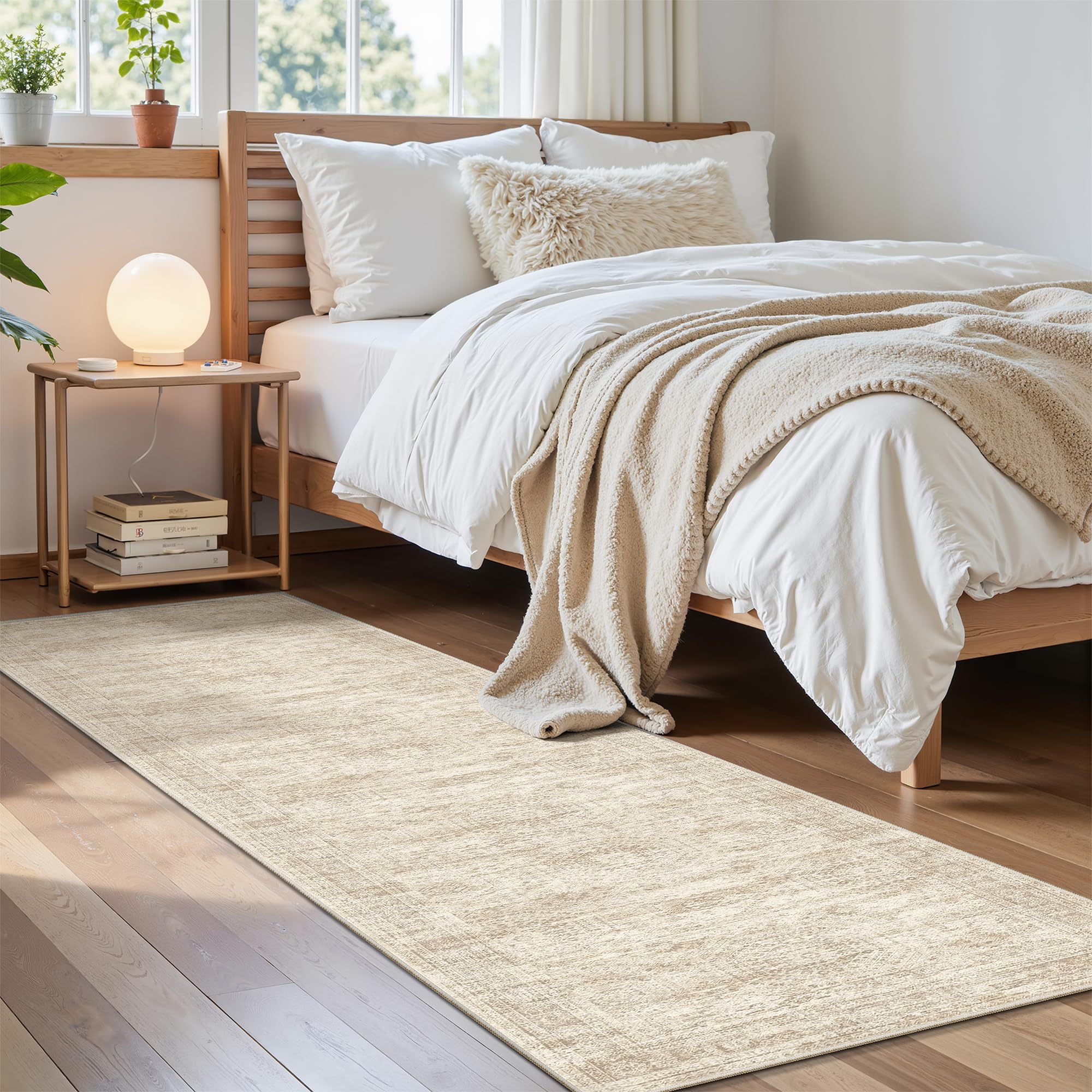 Soalmost beige runner rug brightens spaces without overpowering décor.