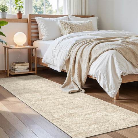 Soalmost beige runner rug brightens spaces without overpowering décor.
