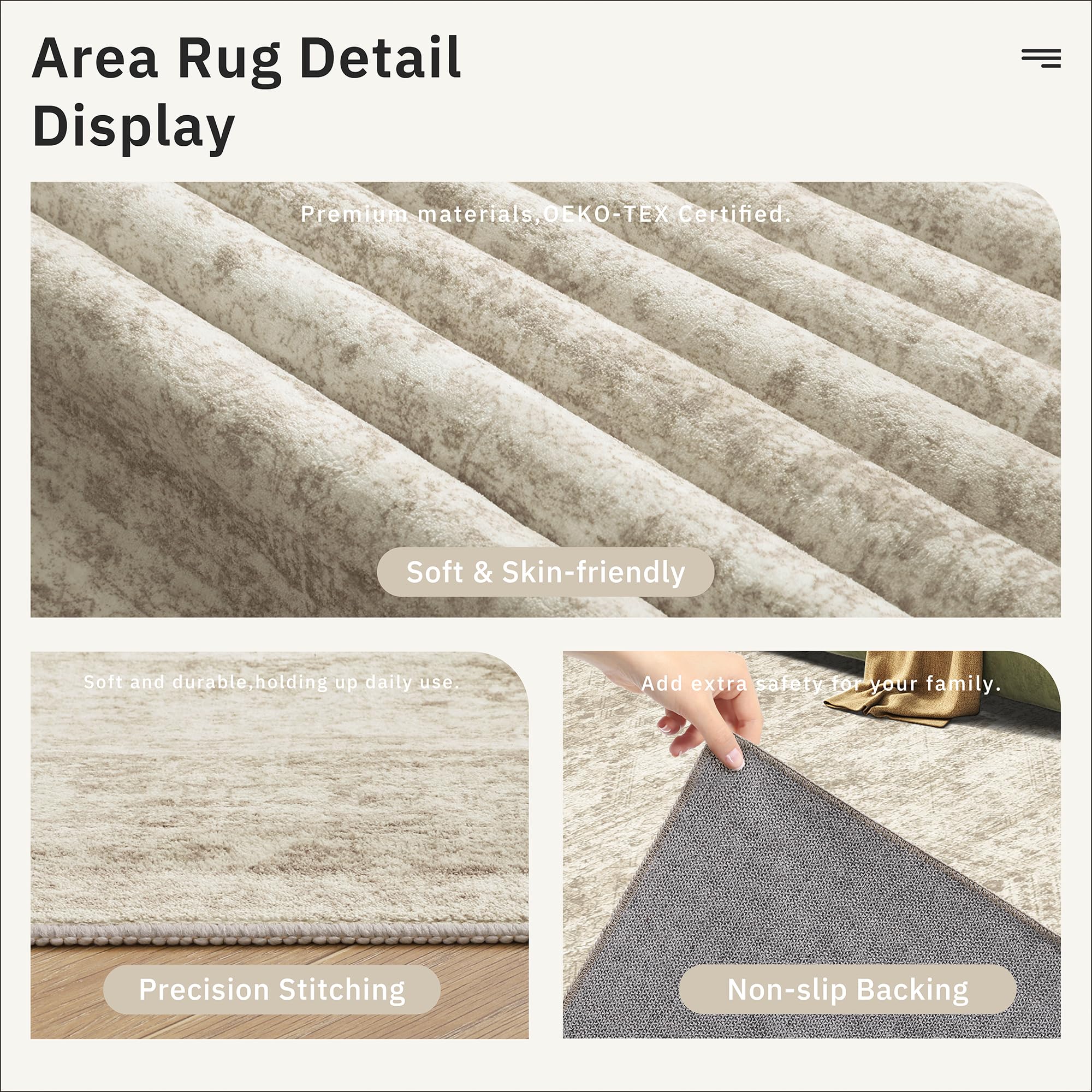 Soalmost soft low-pile rug — barefoot-friendly comfort underfoot.