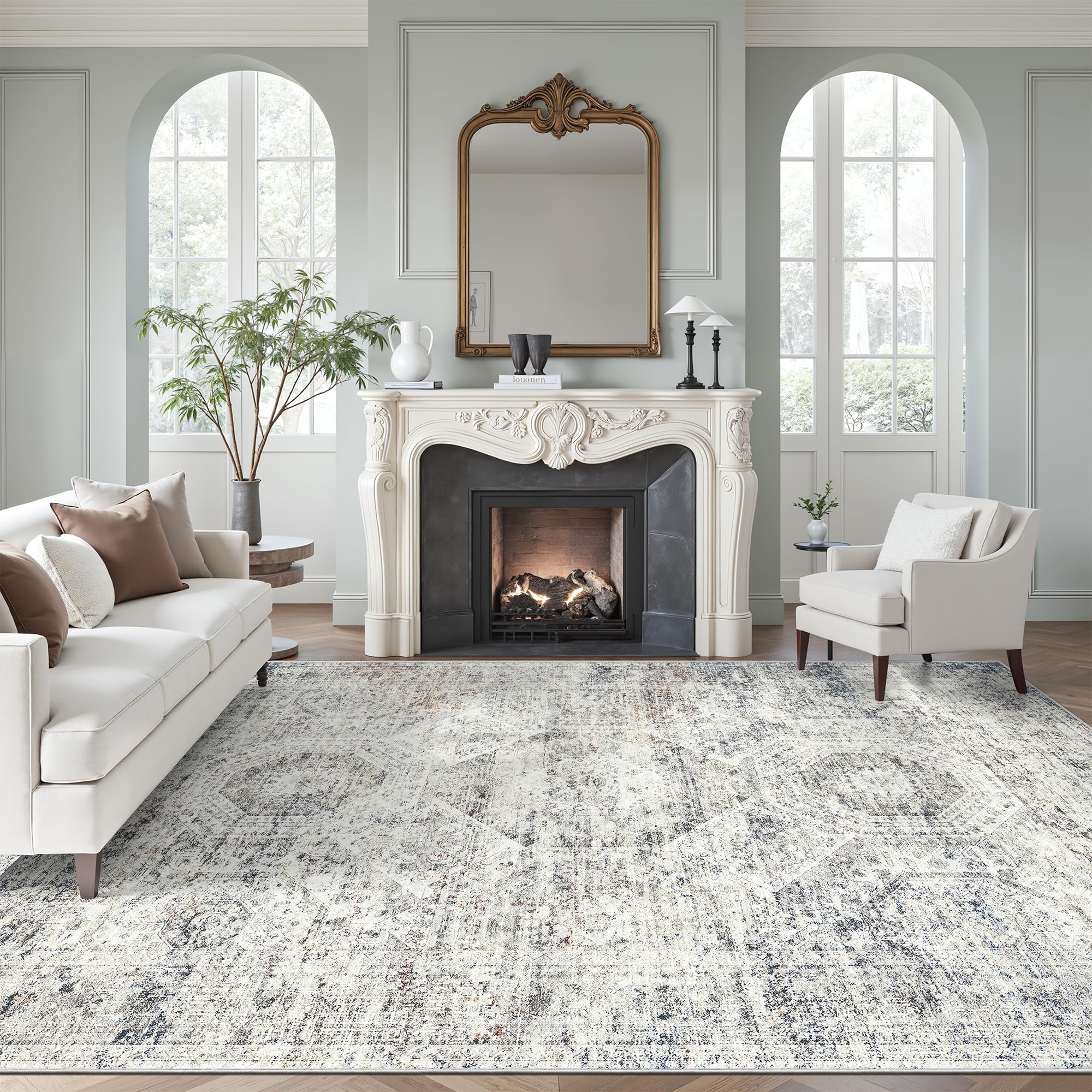 Soalmost washable area rug 8x10 in blue ivory for easy cleaning in busy homes.