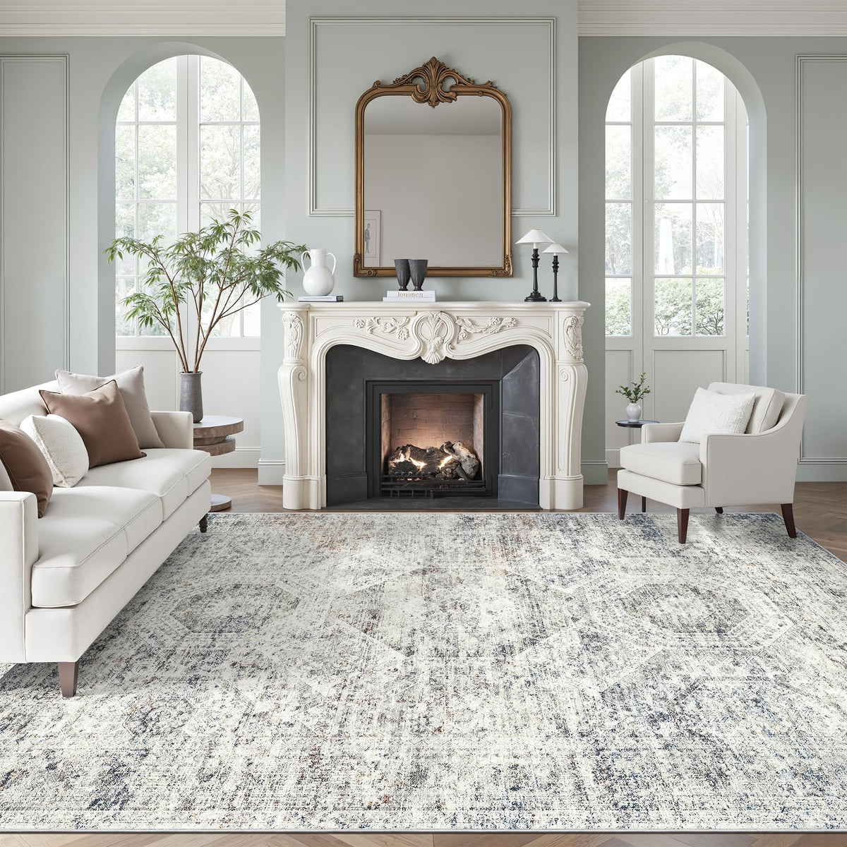 Soalmost washable area rug 8x10 in blue ivory for easy cleaning in busy homes.