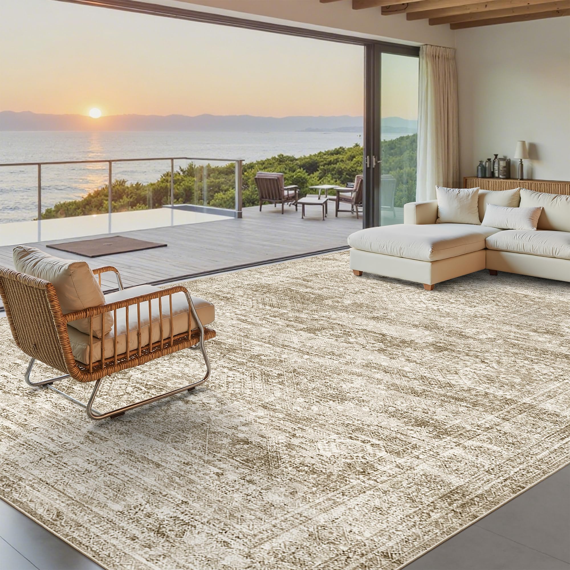 Soalmost Washable Area Rug 8x10 in living room demonstrates versatile neutral tones