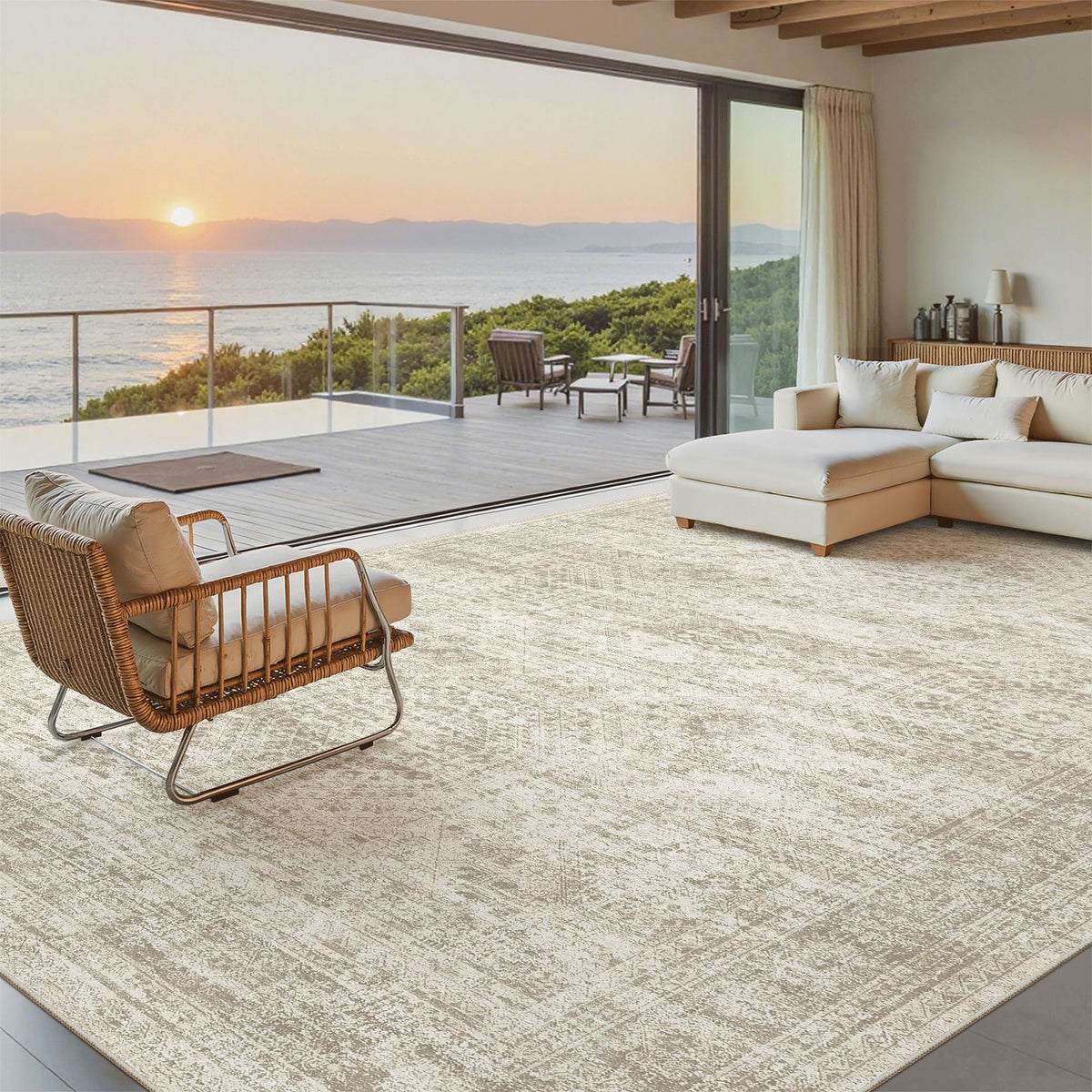 Soalmost washable area rug 8x12 in vintage beige for warm living room ambience.