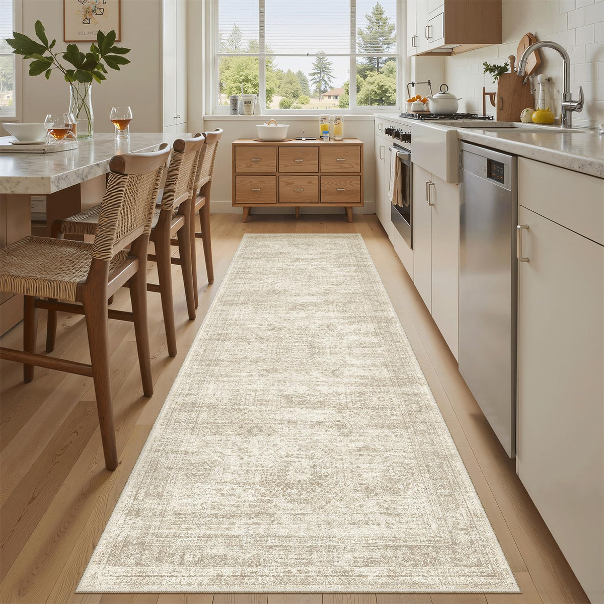 Soalmost washable runner rug with non-slip back for secure footing in busy spaces.