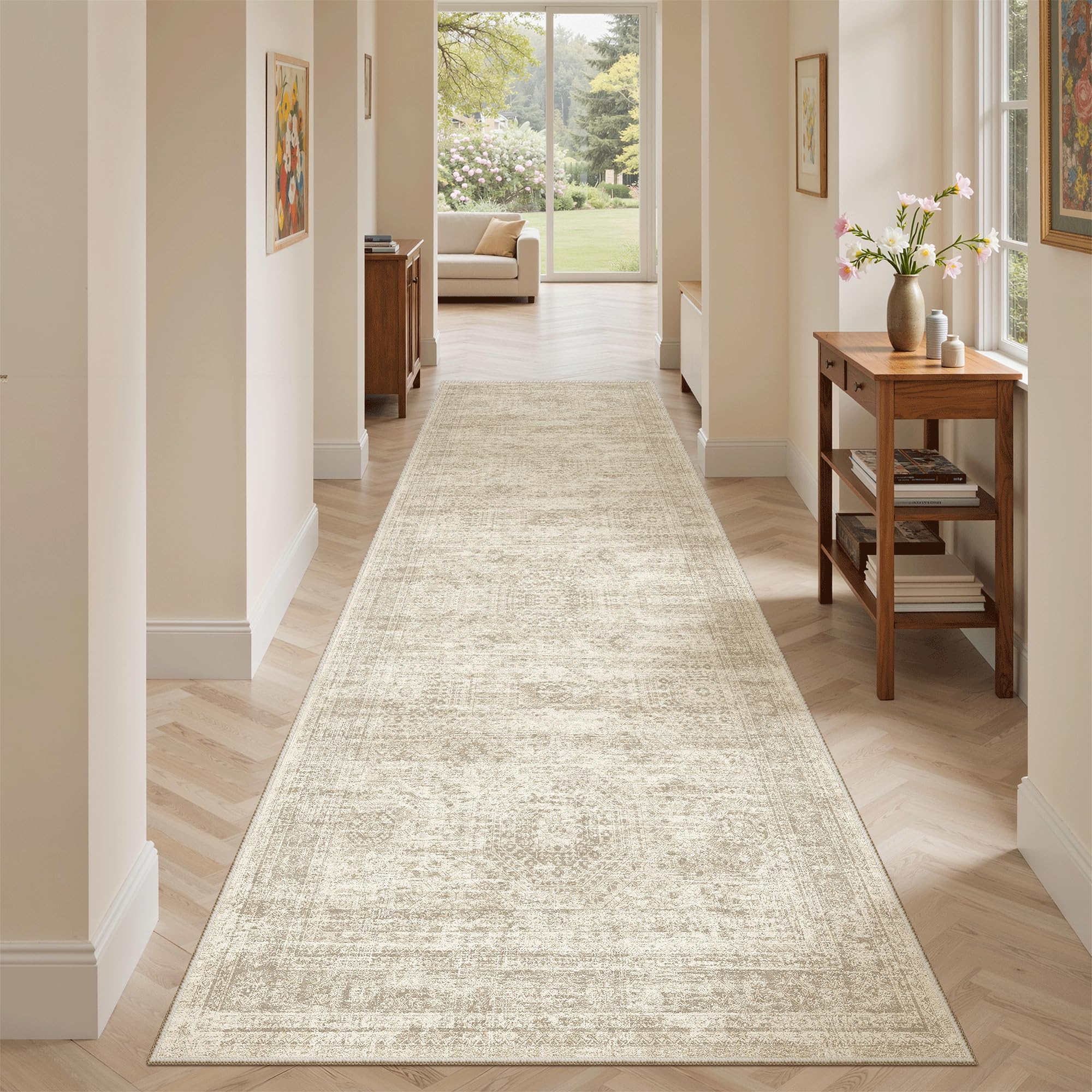 Soalmost washable runner rug beige soft pile enhances barefoot comfort at home.