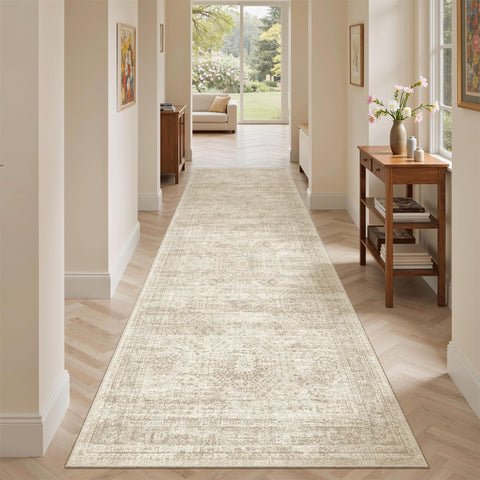 Soalmost washable runner rug beige soft pile enhances barefoot comfort at home.