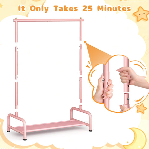 Soarine pink rack in a child’s bedroom setting with outfits