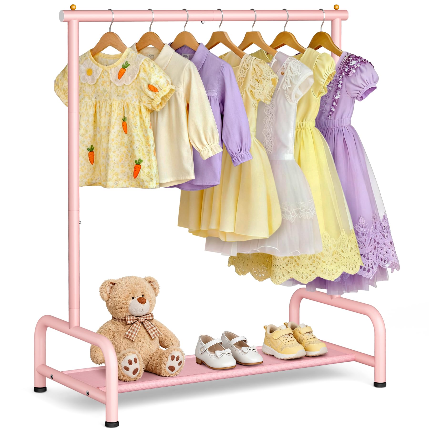 Soarine Kids Clothing Rack pink front view for easy garment access