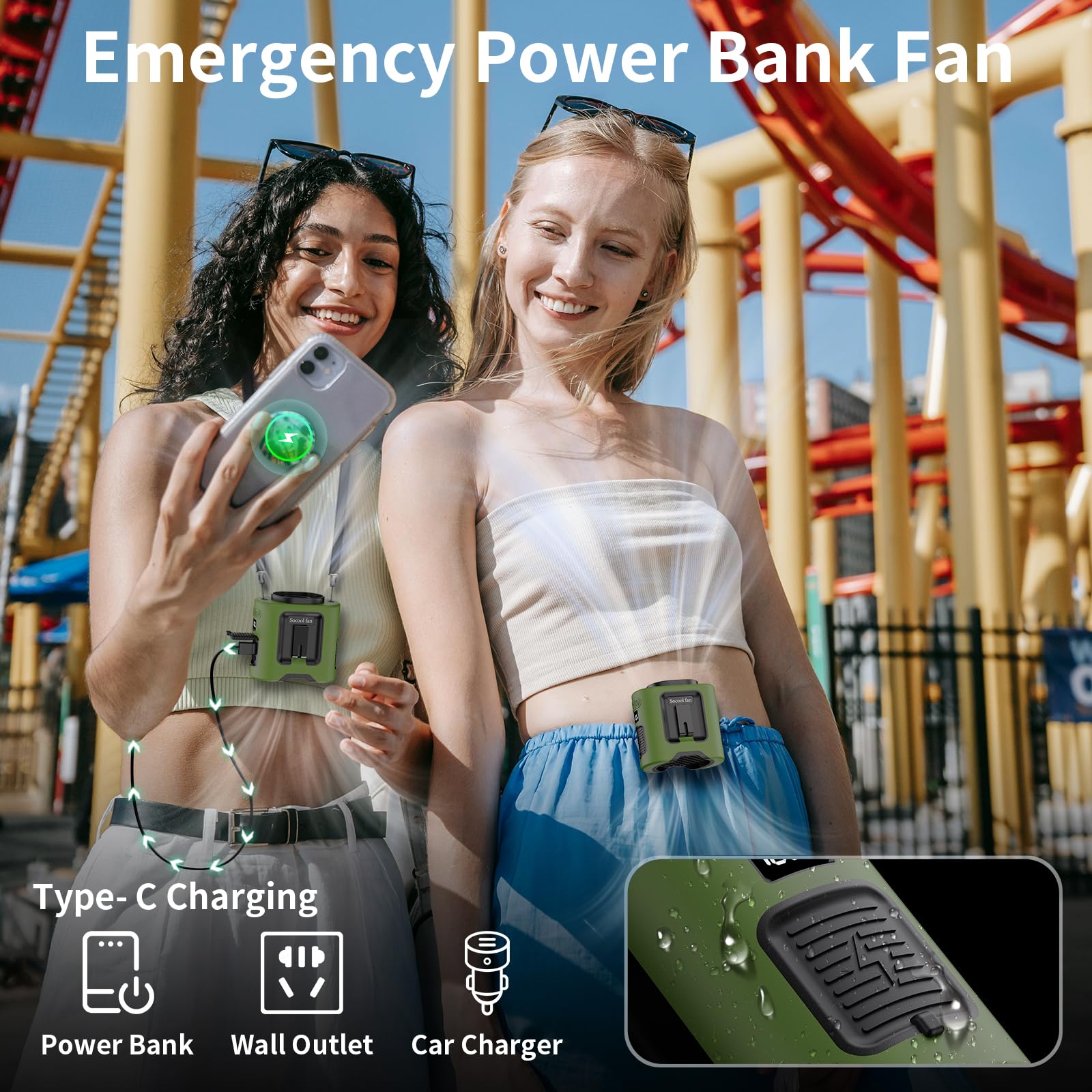 Socool fan emergency power with built-in light for outdoor use.