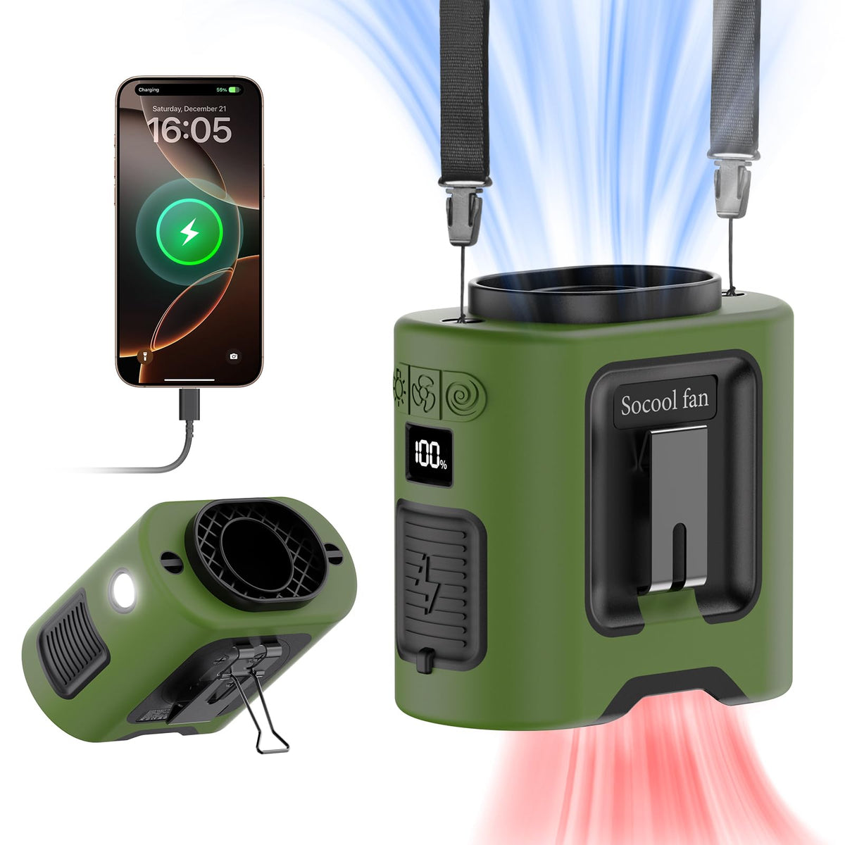 Socool fan waist clip wearable for hands-free cooling on the go.
