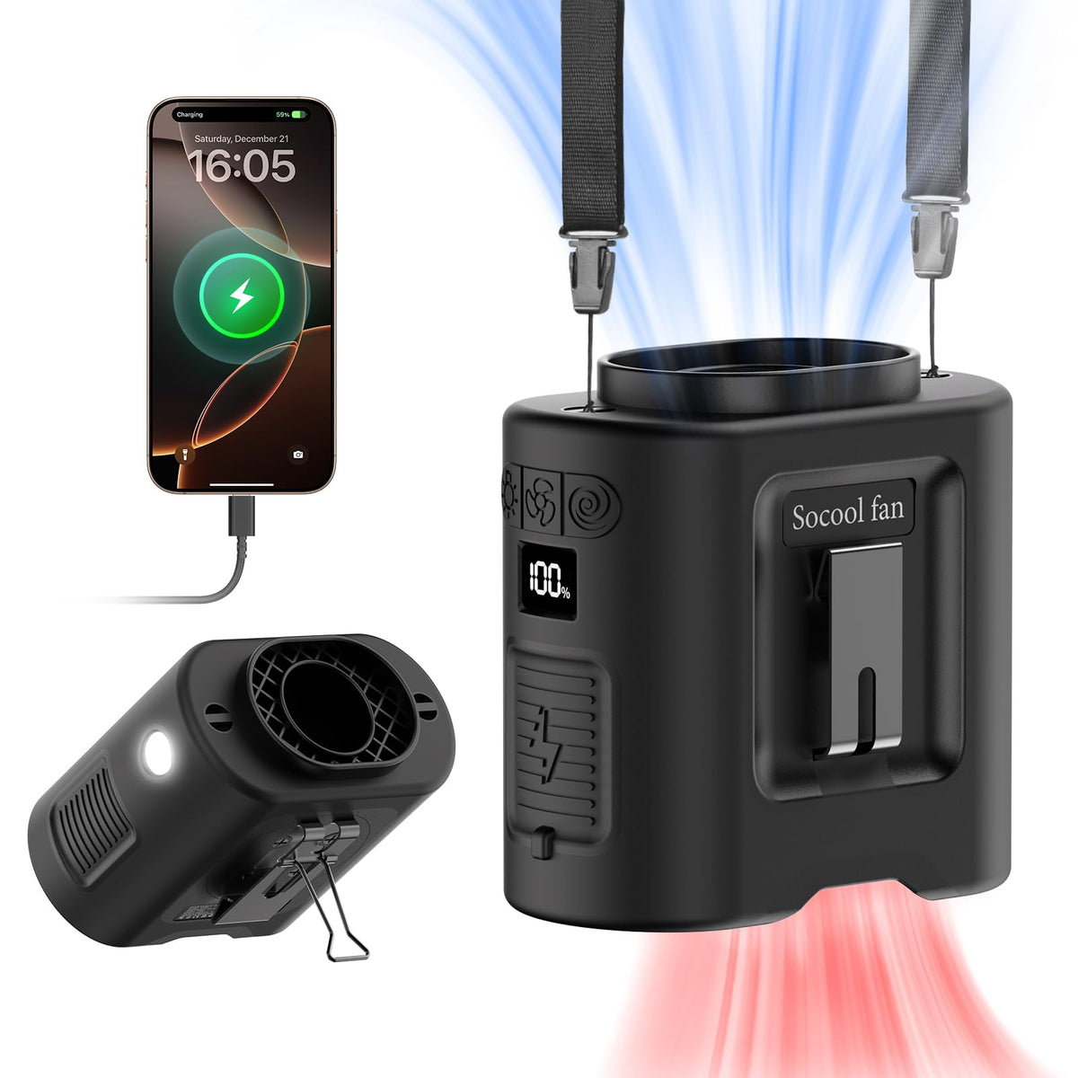 Socool waist-fan-clip with hands-free cooling on the go.