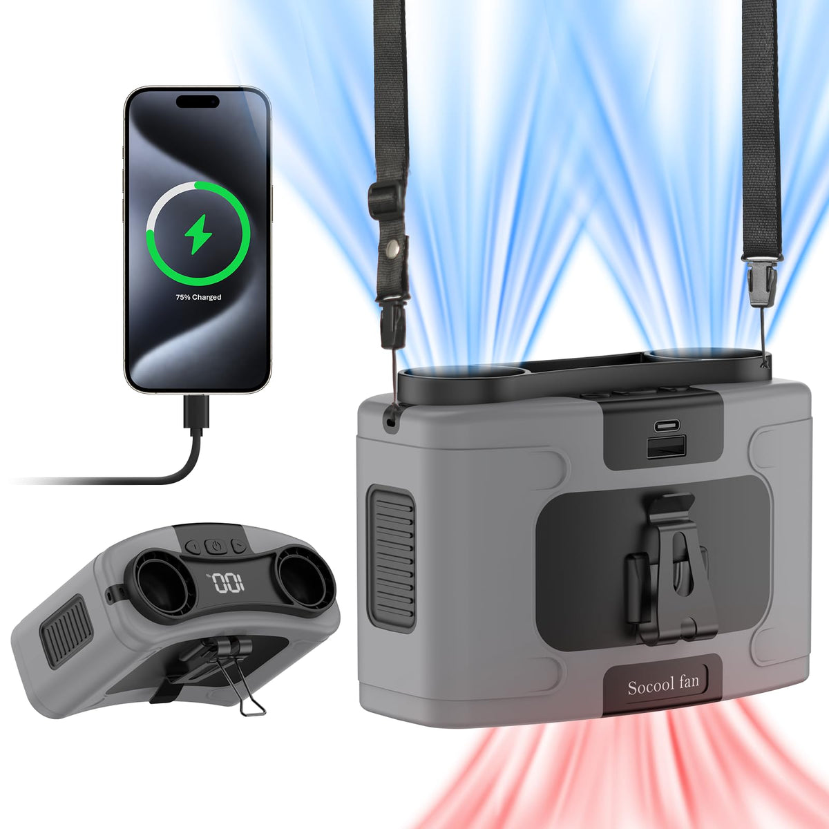 Socool 20000mAh waist clip fan providing all-day cooling while clipped to a belt