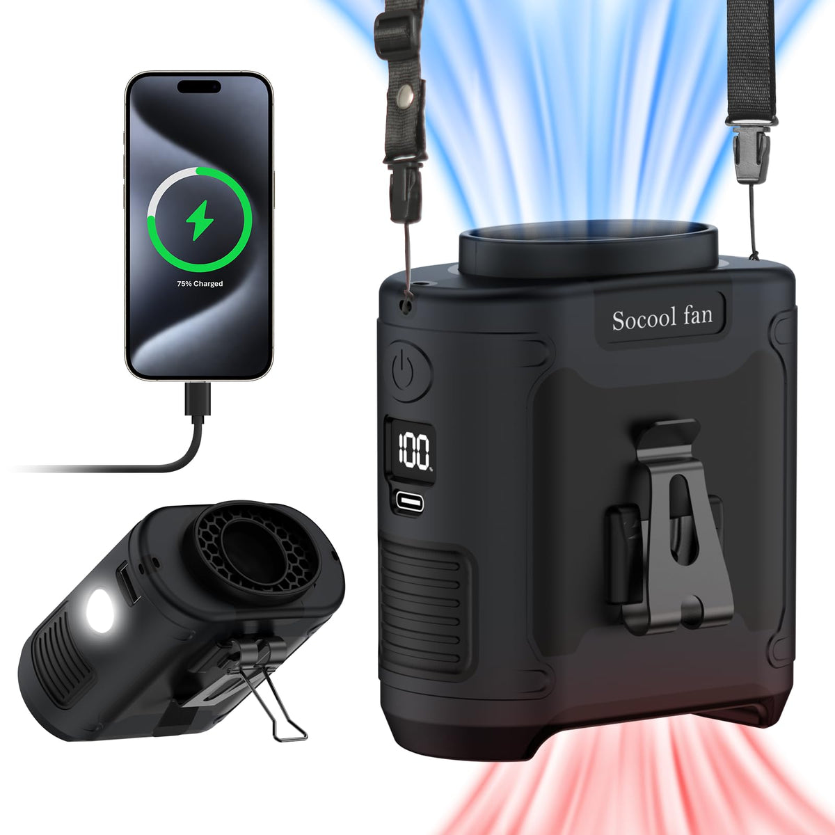 Socool belt fan clipped on waist for hands-free outdoor cooling