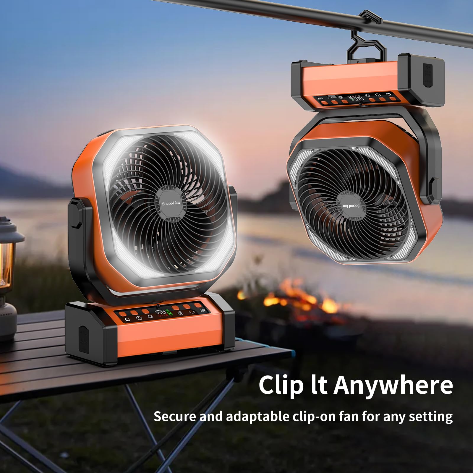 Socool camping fan digital display shows speed and battery at a glance.
