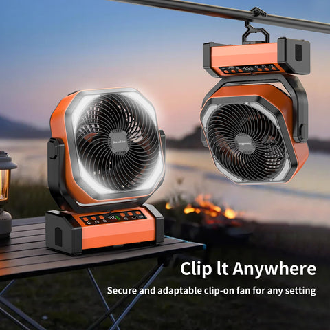 Socool camping fan digital display shows speed and battery at a glance.