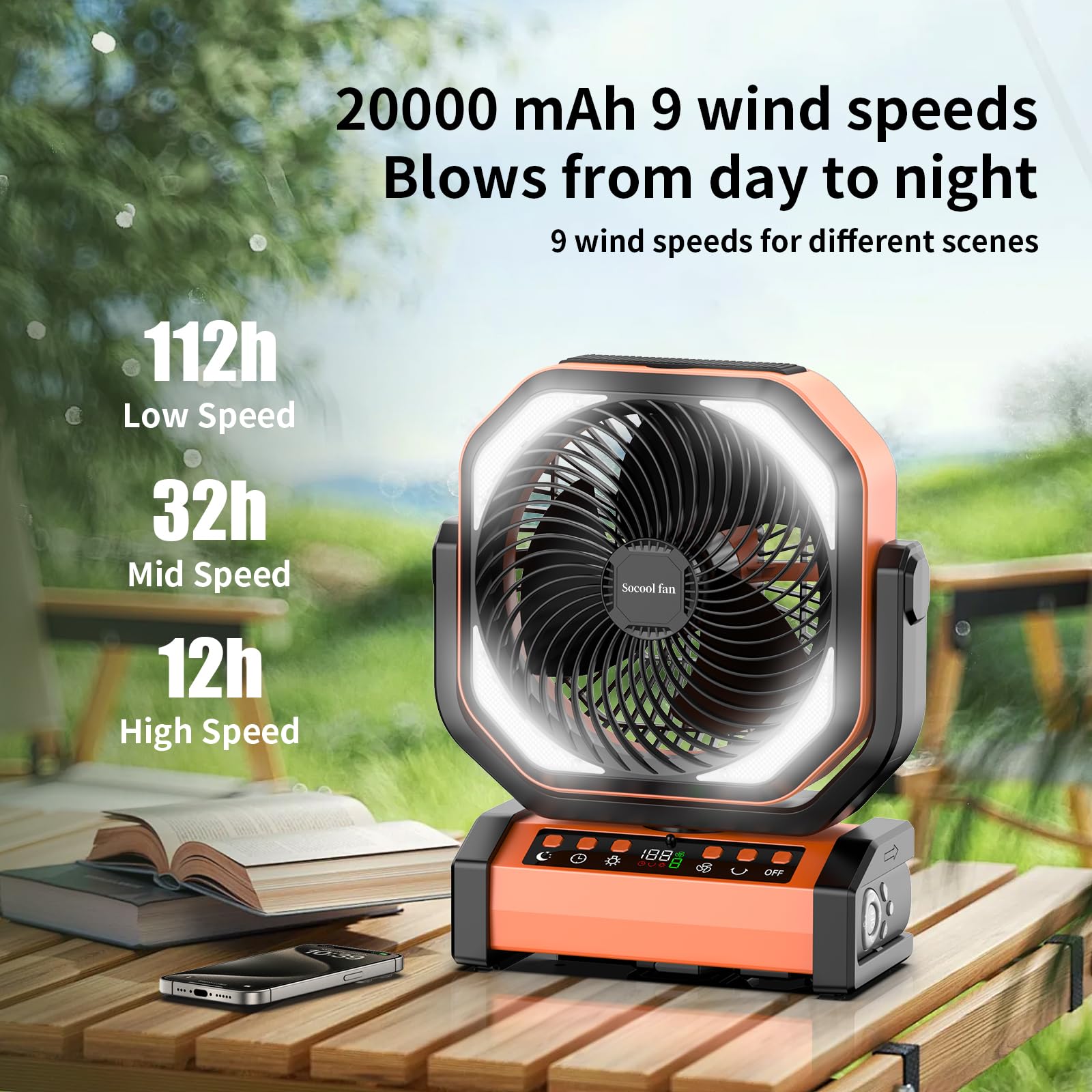 Socool camping fan LED tent light provides adjustable brightness for nighttime reading.