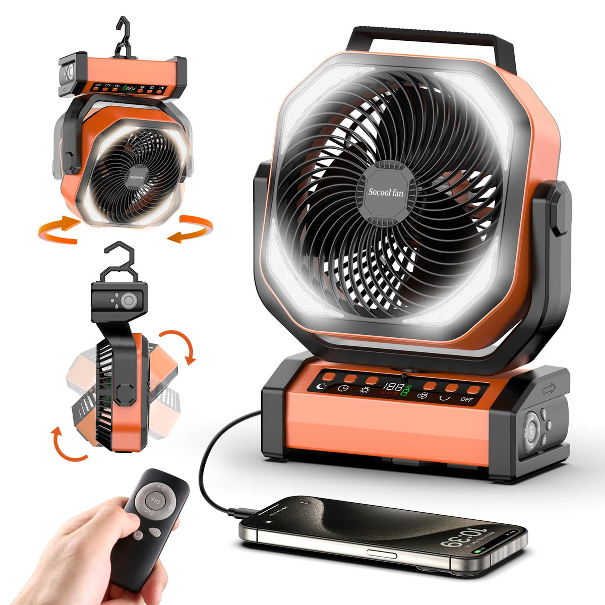 Socool camping fan with light and battery long runtime suitable for outdoor use.