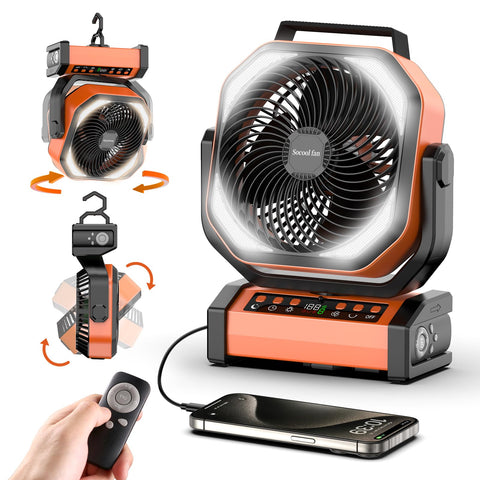 Socool camping fan with light and battery long runtime suitable for outdoor use.