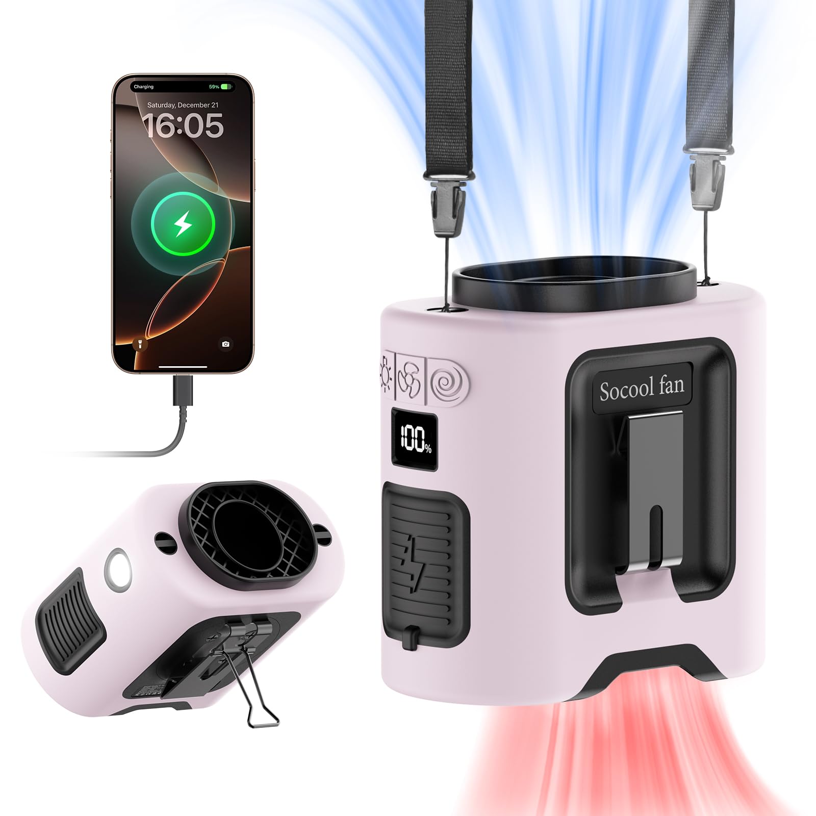 Socool fan waist-clip with 360-degree rotation for hands-free cooling during work.